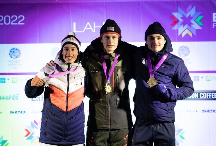 Die Medaillengewinner im Einzel der Jungen: Jiri Konvalinka (CZE), Eidar Johan Stroem (NOR), Marco Heinis (FRA)