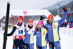 die Goldmedaillengewinner von Zakopane sind in Schonach ebenfalls am Start: Tristan Sommerfeldt, Jenny Nowak, Nathalie Armbruster, Simon Mach (l-r).