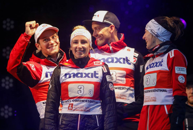 Team Österreich freut sich über Platz drei: Martin Fritz (AUT), Annalena Slamik (AUT), Philipp Orter (AUT), Lisa Hirner (AUT), (l-r).