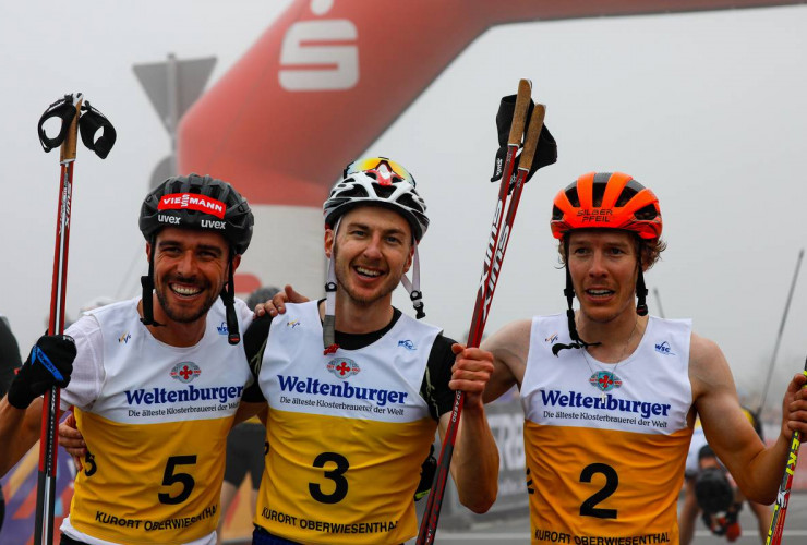 Die Sieger bei den Herren: Johannes Rydzek (GER), Ilkka Herola (FIN), Franz-Josef Rehrl (AUT), (l-r)