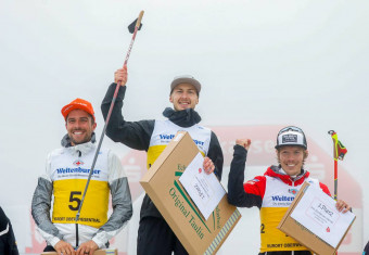 Die Sieger bei den Herren: Johannes Rydzek (GER), Ilkka Herola (FIN), Franz-Josef Rehrl (AUT), (l-r)