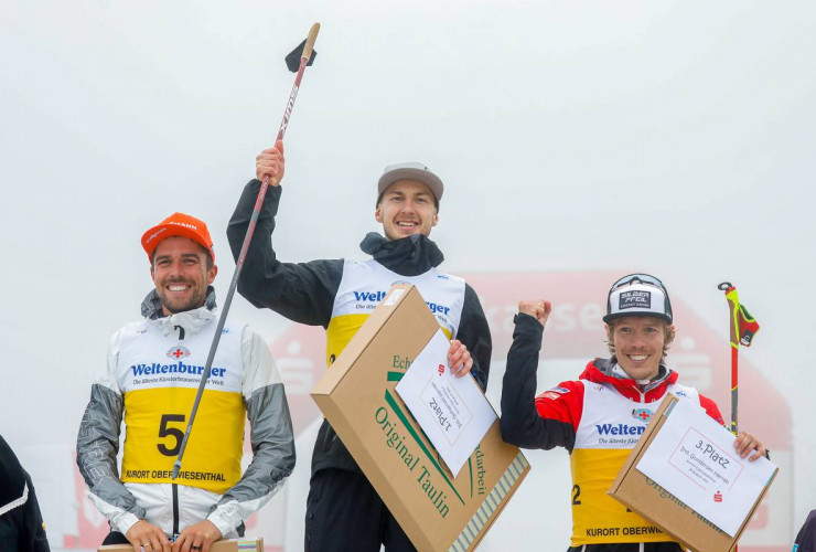 Die Sieger bei den Herren: Johannes Rydzek (GER), Ilkka Herola (FIN), Franz-Josef Rehrl (AUT), (l-r)