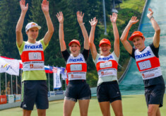 Das deutsche Mixed Team beim Sommer Grand Prix 2019 in Oberwiesenthal: Vinzenz Geiger, Maria Gerboth, Jenny Nowak, Eric Frenzel (l-r).