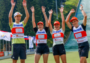 Das deutsche Mixed Team beim Sommer Grand Prix 2019 in Oberwiesenthal: Vinzenz Geiger, Maria Gerboth, Jenny Nowak, Eric Frenzel (l-r).