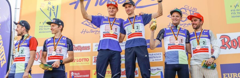 Die Deutschen Meister im Teamsprint: Fabian Riessle (GER), Manuel Faisst (GER), Julian Schmid (GER), Jakob Lange (GER), Wendelin Thannheimer (GER), Johannes Rydzek (GER), (l-r)