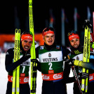 Strahlende Gesichter im deutschen Team: Johannes Rydzek (GER), Julian Schmid (GER), Eric Frenzel (GER), (l-r).