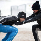 Die Italiener hatten Spaß: Aaron Kostner (ITA) und Samuel Costa (ITA), (l-r) simulieren eine Sprungübung.