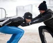 Die Italiener hatten Spaß: Aaron Kostner (ITA) und Samuel Costa (ITA), (l-r) simulieren eine Sprungübung.