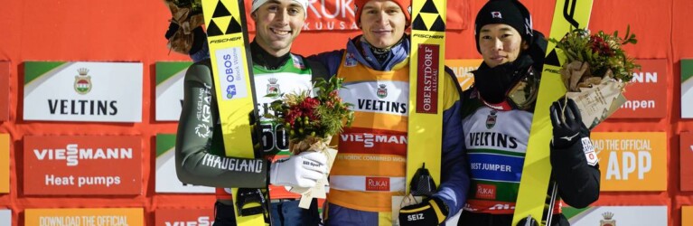 Die Gesamtsieger der Ruka Tour: Jarl Magnus Riiber (NOR), Julian Schmid (GER), Ryota Yamamoto (JPN), (l-r).