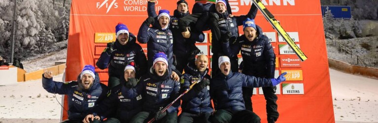 Team Frankreich in Partystimmung nach Matteo Bauds zweitem Platz.