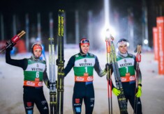 Vor einem Jahr im Weltcup bereits ganz oben: Eric Frenzel (GER), Terence Weber (GER), Vinzenz Geiger (GER), (l-r) in Ruka (FIN)