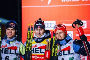 Zwei Deutsche standen auf dem Podium im letzten Jahr: Vinzenz Geiger (GER), Jarl Magnus Riiber (NOR), Eric Frenzel (GER), (l-r).