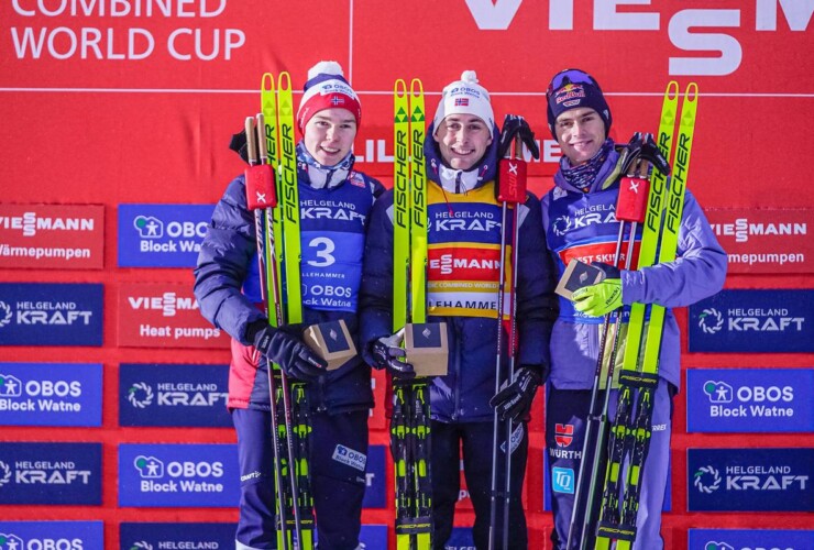 Das Podium: Jens Luraas Oftebro (NOR), Jarl Magnus Riiber (NOR), Vinzenz Geiger (GER), (l-r)