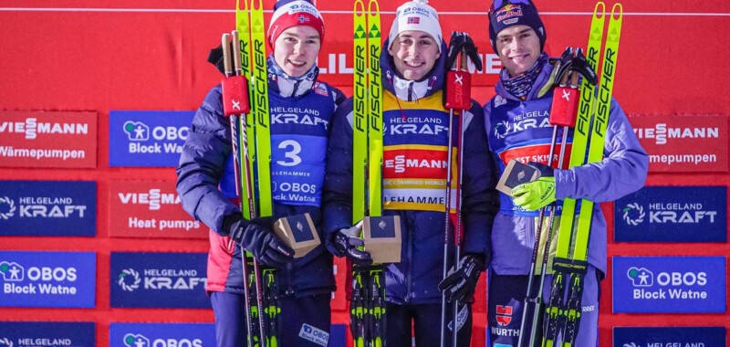 Das Podium: Jens Luraas Oftebro (NOR), Jarl Magnus Riiber (NOR), Vinzenz Geiger (GER), (l-r)