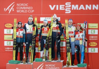 Doppelpodium: Lisa Hirner (AUT), Jens Luraas Oftebro (NOR), Gyda Westvold Hansen (NOR), Jarl Magnus Riiber (NOR), Vinzenz Geiger (GER), Nathalie Armbruster (GER), (l-r) - FIS world cup nordic combined men, individual gundersen