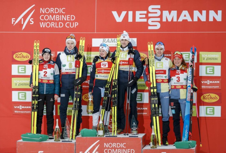 Doppelpodium: Lisa Hirner (AUT), Jens Luraas Oftebro (NOR), Gyda Westvold Hansen (NOR), Jarl Magnus Riiber (NOR), Vinzenz Geiger (GER), Nathalie Armbruster (GER), (l-r) - FIS world cup nordic combined men, individual gundersen