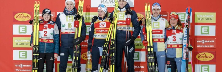 Doppelpodium: Lisa Hirner (AUT), Jens Luraas Oftebro (NOR), Gyda Westvold Hansen (NOR), Jarl Magnus Riiber (NOR), Vinzenz Geiger (GER), Nathalie Armbruster (GER), (l-r) - FIS world cup nordic combined men, individual gundersen