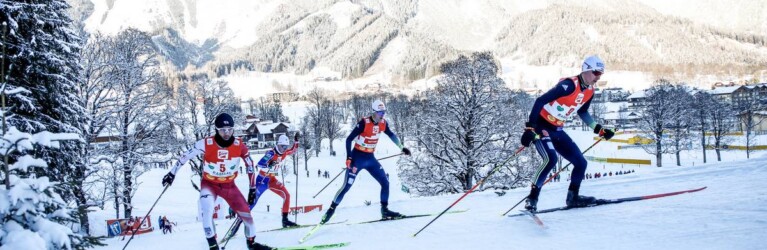 Die Verfolgergruppe: Yoshito Watabe (JPN), Matteo Baud (FRA), Vinzenz Geiger (GER), Manuel Faisst (GER), (l-r)