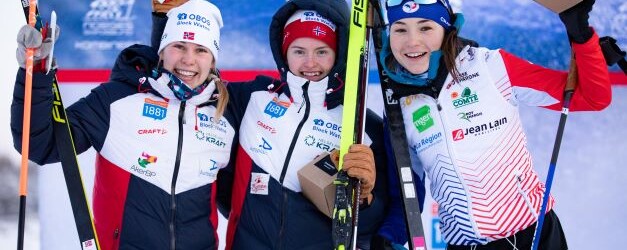Ida Marie Hagen (NOR), Gyda Westvold Hansen (NOR), Lena Brocard (FRA) (l-r) bildeten das Podium am Freitag.