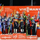 Das Podium: Manuel Faisst (GER), Jenny Nowak (GER), Nathalie Armbruster (GER), Julian Schmid (GER), Jens Luraas Oftebro (NOR), Ida Marie Hagen (NOR), Gyda Westvold Hansen (NOR), Joergen Graabak (NOR), Franz-Josef Rehrl (AUT), Lisa Hirner (AUT), Annalena Slamik (AUT), Lukas Greiderer (AUT), (l-r) - FIS world cup nordic combined men, mixed team HS97/4x5km, Otepaeae (EST).