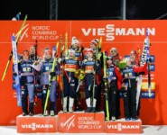 Das Podium: Manuel Faisst (GER), Jenny Nowak (GER), Nathalie Armbruster (GER), Julian Schmid (GER), Jens Luraas Oftebro (NOR), Ida Marie Hagen (NOR), Gyda Westvold Hansen (NOR), Joergen Graabak (NOR), Franz-Josef Rehrl (AUT), Lisa Hirner (AUT), Annalena Slamik (AUT), Lukas Greiderer (AUT), (l-r) - FIS world cup nordic combined men, mixed team HS97/4x5km, Otepaeae (EST).