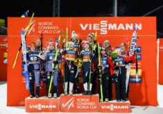 Das Podium: Manuel Faisst (GER), Jenny Nowak (GER), Nathalie Armbruster (GER), Julian Schmid (GER), Jens Luraas Oftebro (NOR), Ida Marie Hagen (NOR), Gyda Westvold Hansen (NOR), Joergen Graabak (NOR), Franz-Josef Rehrl (AUT), Lisa Hirner (AUT), Annalena Slamik (AUT), Lukas Greiderer (AUT), (l-r) - FIS world cup nordic combined men, mixed team HS97/4x5km, Otepaeae (EST).