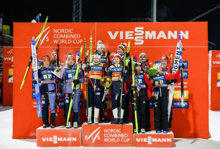 Das Podium: Manuel Faisst (GER), Jenny Nowak (GER), Nathalie Armbruster (GER), Julian Schmid (GER), Jens Luraas Oftebro (NOR), Ida Marie Hagen (NOR), Gyda Westvold Hansen (NOR), Joergen Graabak (NOR), Franz-Josef Rehrl (AUT), Lisa Hirner (AUT), Annalena Slamik (AUT), Lukas Greiderer (AUT), (l-r) - FIS world cup nordic combined men, mixed team HS97/4x5km, Otepaeae (EST).