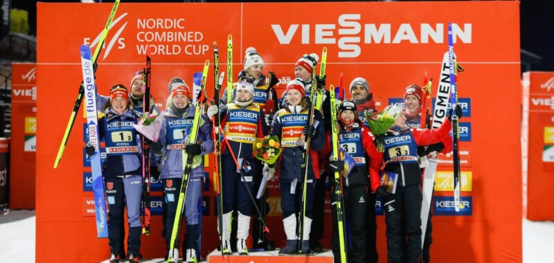 Das Podium: Manuel Faisst (GER), Jenny Nowak (GER), Nathalie Armbruster (GER), Julian Schmid (GER), Jens Luraas Oftebro (NOR), Ida Marie Hagen (NOR), Gyda Westvold Hansen (NOR), Joergen Graabak (NOR), Franz-Josef Rehrl (AUT), Lisa Hirner (AUT), Annalena Slamik (AUT), Lukas Greiderer (AUT), (l-r) - FIS world cup nordic combined men, mixed team HS97/4x5km, Otepaeae (EST).