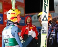 Eero Hirvonen (FIN) und Ilkka Herola (FIN) (l-r) freuen sich über ein gutes Ergebnis.