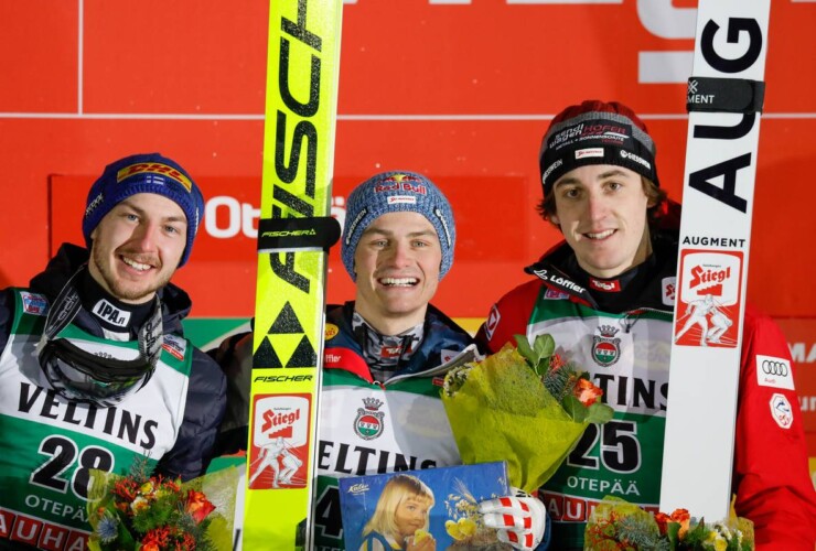 Strahlende Gesichter auf dem Podium: Ilkka Herola (FIN), Johannes Lamparter (AUT), Thomas Rettenegger (AUT), (l-r)