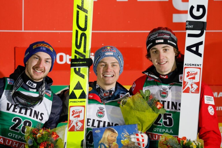 Strahlende Gesichter auf dem Podium: Ilkka Herola (FIN), Johannes Lamparter (AUT), Thomas Rettenegger (AUT), (l-r)