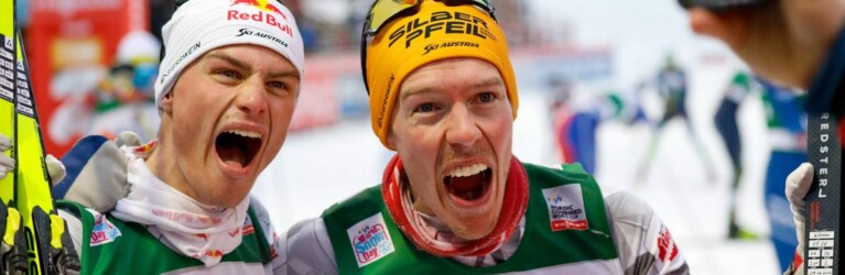 Johannes Lamparter (AUT) und Franz-Josef Rehrl (AUT) (l-r) freuen sich über ein weiteres Doppelpodium für den ÖSV.