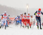 Massenstart statt Gundersen: Jens Luraas Oftebro (NOR), Matteo Baud (FRA), Kristjan Ilves (EST), Johannes Lamparter (AUT), Julian Schmid (GER), (l-r)