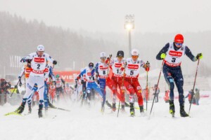 Massenstart statt Gundersen: Jens Luraas Oftebro (NOR), Matteo Baud (FRA), Kristjan Ilves (EST), Johannes Lamparter (AUT), Julian Schmid (GER), (l-r)