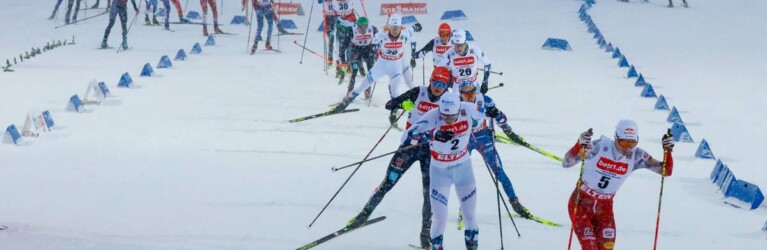 Im Hintergrund (23) kehrt Jakob Lange (GER) um. Jens Luraas Oftebro (NOR), Johannes Lamparter (AUT), (l-r)