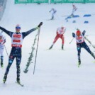 Vinzenz Geiger (GER) gewinnt den Lauf des Massenstarts vor Jens Oftebro (NOR) und Eric Frenzel (GER).