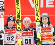 Das Podium des Massenstarts: Franz-Josef Rehrl (AUT), Johannes Lamparter (AUT), Jarl Magnus Riiber (NOR), (l-r)
