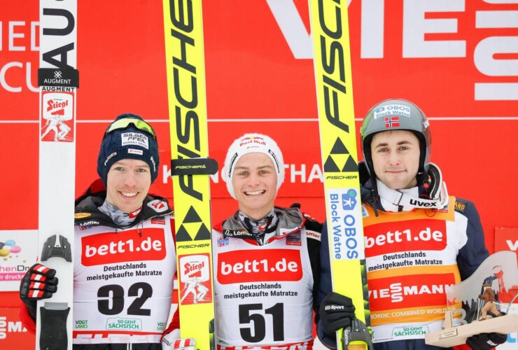 Das Podium des Massenstarts: Franz-Josef Rehrl (AUT), Johannes Lamparter (AUT), Jarl Magnus Riiber (NOR), (l-r)