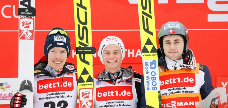 Das Podium des Massenstarts: Franz-Josef Rehrl (AUT), Johannes Lamparter (AUT), Jarl Magnus Riiber (NOR), (l-r)