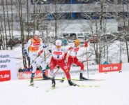 Das Führungstrio: Jarl Magnus Riiber (NOR), Johannes Lamparter (AUT), Franz-Josef Rehrl (AUT), (l-r)