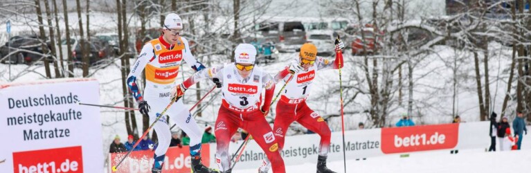 Das Führungstrio: Jarl Magnus Riiber (NOR), Johannes Lamparter (AUT), Franz-Josef Rehrl (AUT), (l-r)