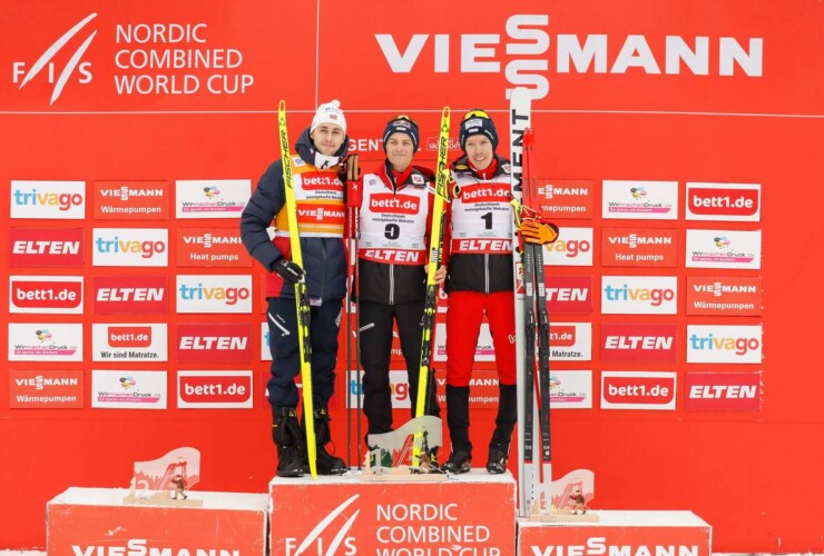 Das Podium in Klingenthal am Sonntag: Jarl Magnus Riiber (NOR), Johannes Lamparter (AUT), Franz-Josef Rehrl (AUT), (l-r) machten die Topplatzierungen unter sich aus.