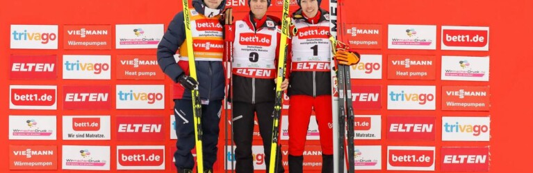 Das Podium in Klingenthal am Sonntag: Jarl Magnus Riiber (NOR), Johannes Lamparter (AUT), Franz-Josef Rehrl (AUT), (l-r) machten die Topplatzierungen unter sich aus.