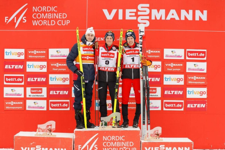 Das Podium in Klingenthal am Sonntag: Jarl Magnus Riiber (NOR), Johannes Lamparter (AUT), Franz-Josef Rehrl (AUT), (l-r) machten die Topplatzierungen unter sich aus.