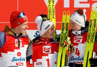 Strahlende Gesichter auf dem Podium: Julian Schmid (GER), Johannes Lamparter (AUT), Jens Luraas Oftebro (NOR), (l-r)