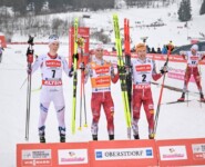 Die siegreichen Athleten am ersten Tag in Oberstdorf: Jens Luraas Oftebro (NOR), Johannes Lamparter (AUT), Franz-Josef Rehrl (AUT), (l-r)