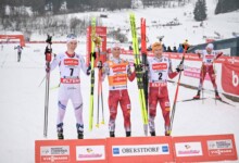 Die siegreichen Athleten am ersten Tag in Oberstdorf: Jens Luraas Oftebro (NOR), Johannes Lamparter (AUT), Franz-Josef Rehrl (AUT), (l-r)