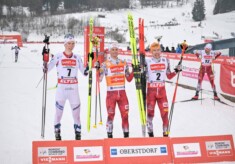 Die siegreichen Athleten am ersten Tag in Oberstdorf: Jens Luraas Oftebro (NOR), Johannes Lamparter (AUT), Franz-Josef Rehrl (AUT), (l-r)