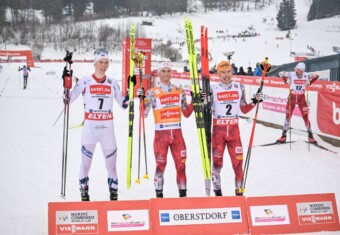 Die siegreichen Athleten am ersten Tag in Oberstdorf: Jens Luraas Oftebro (NOR), Johannes Lamparter (AUT), Franz-Josef Rehrl (AUT), (l-r)