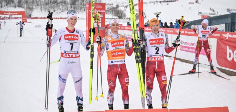 Die siegreichen Athleten am ersten Tag in Oberstdorf: Jens Luraas Oftebro (NOR), Johannes Lamparter (AUT), Franz-Josef Rehrl (AUT), (l-r)